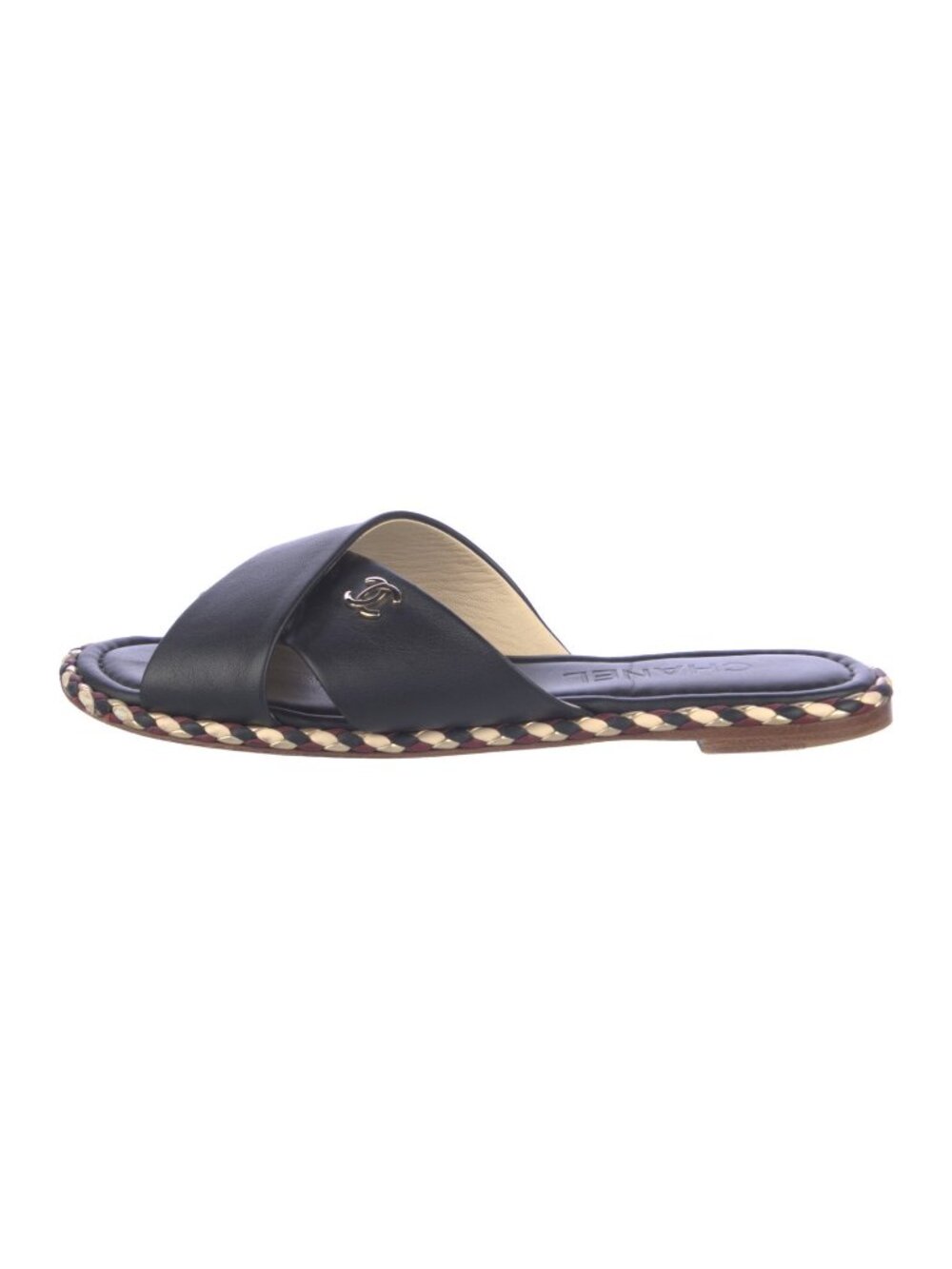 Chanel Interlocking CC Logo Black Leather Flat Sandals Slides - Picture 3 of 5